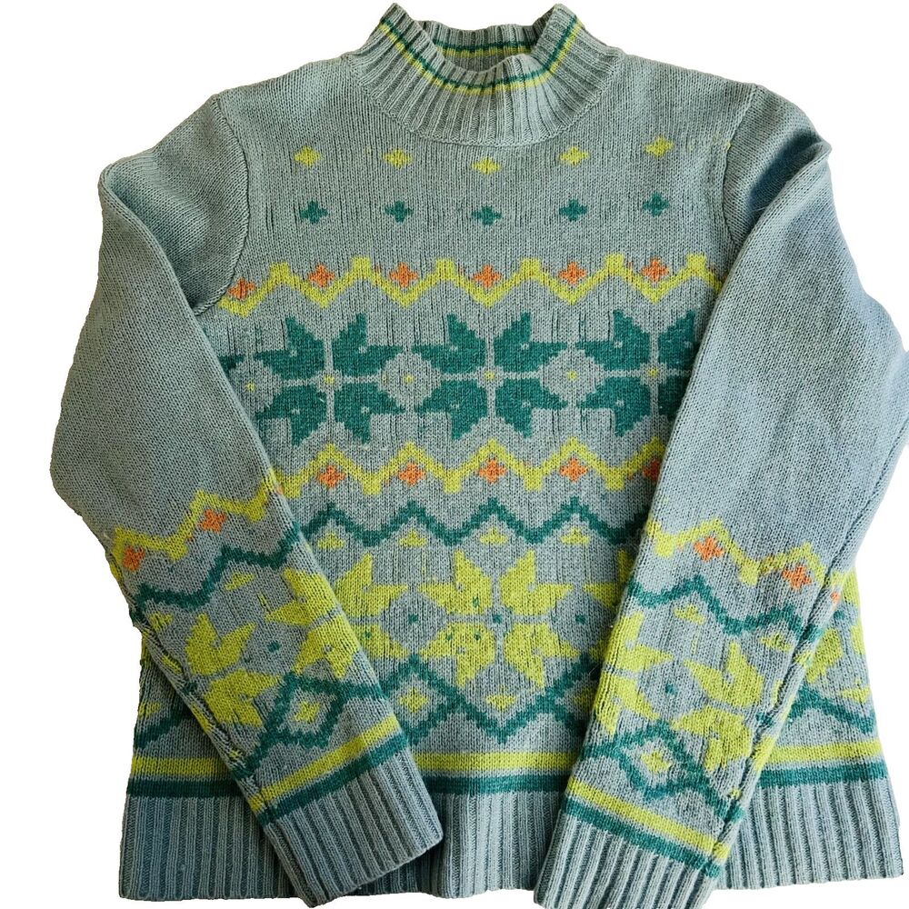 Sundance Sweater S Nordic Snowflake Mint Mock neck Wool Angora blend